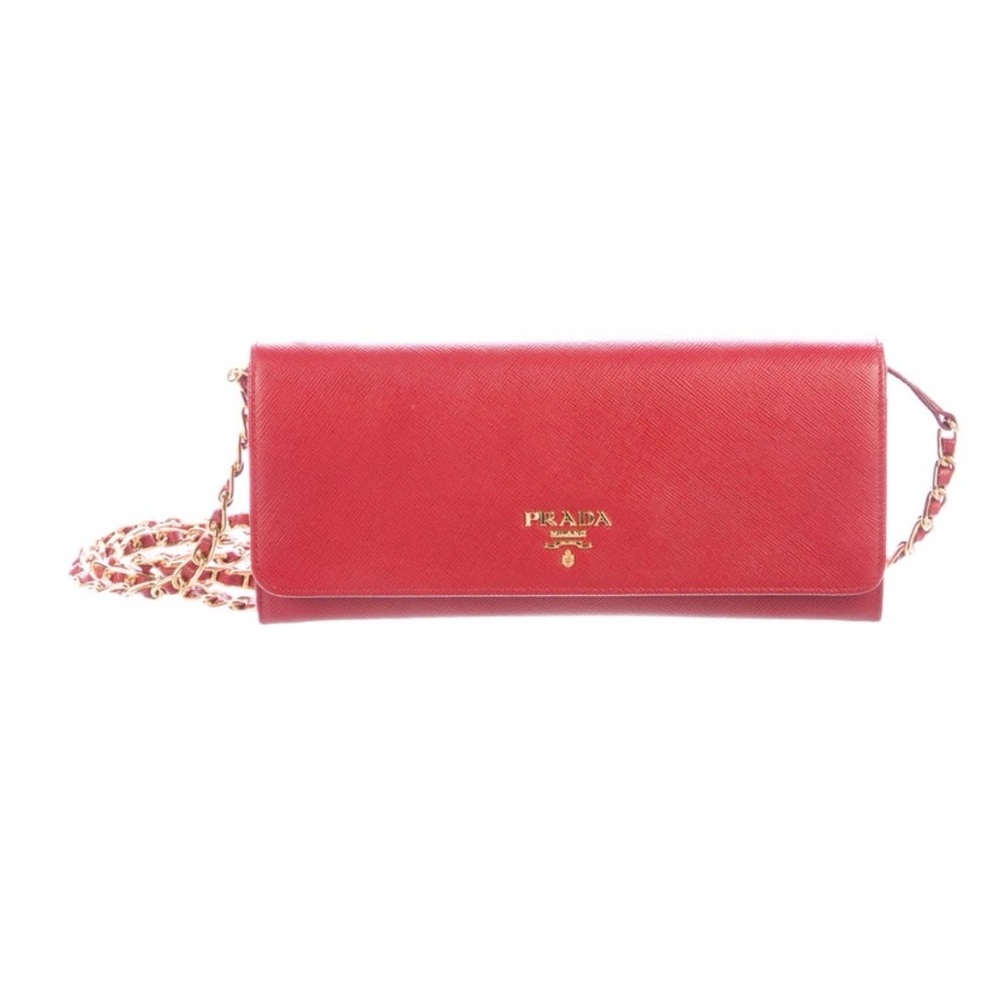 Red Saffiano leather Prada Metal wallet on chain.